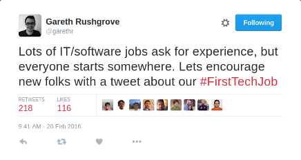 Lots of IT/software jobs ask for experience, but everyone starts somewhere. Lets encourage new folks with a tweet about our #FirstTechJob